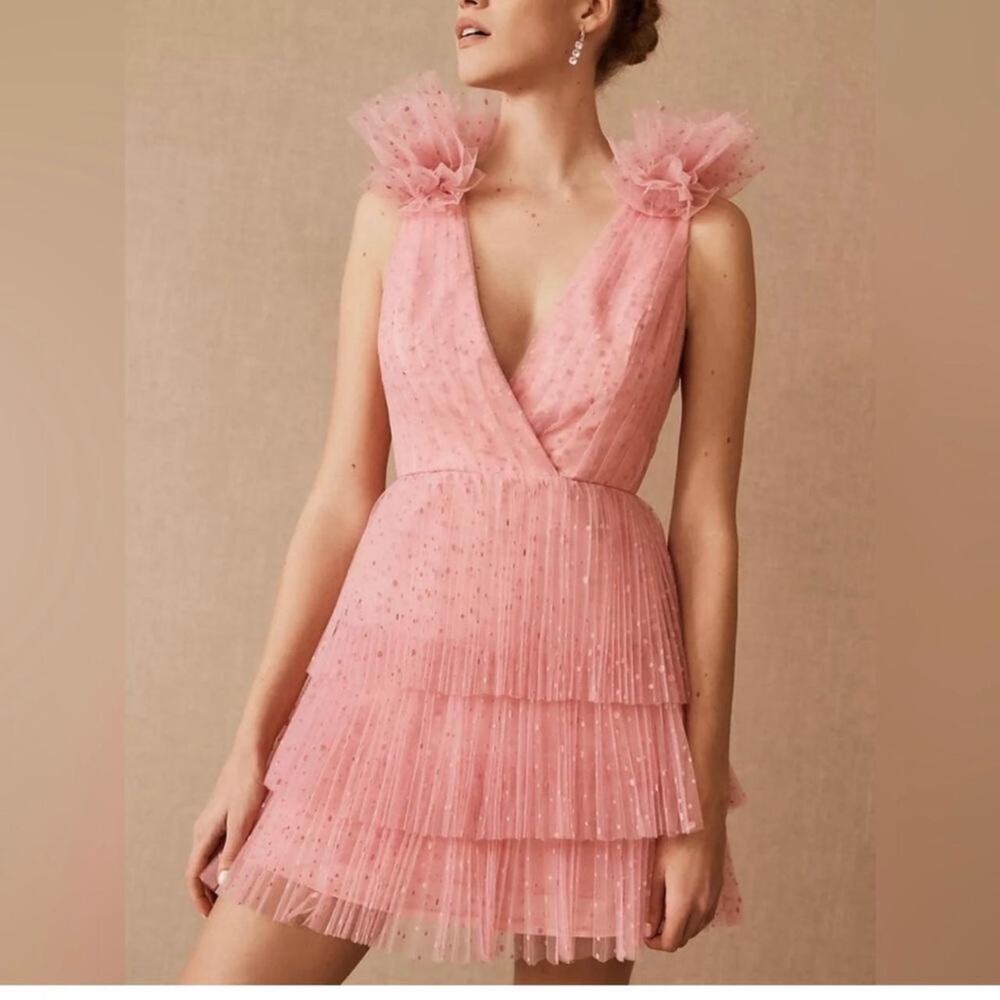 Monique Lhuillier perrie tulle tiered, deep V mini pink sparkle dress